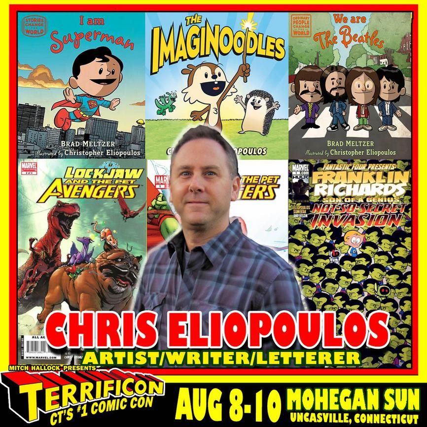 A short cartoonist standing in front of books he's made.