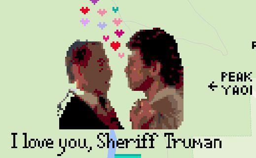 A pixel art rendition of Albert and Harry from Twin Peaks clutching each other's collars, captioned "I love you, Sheriff Truman"