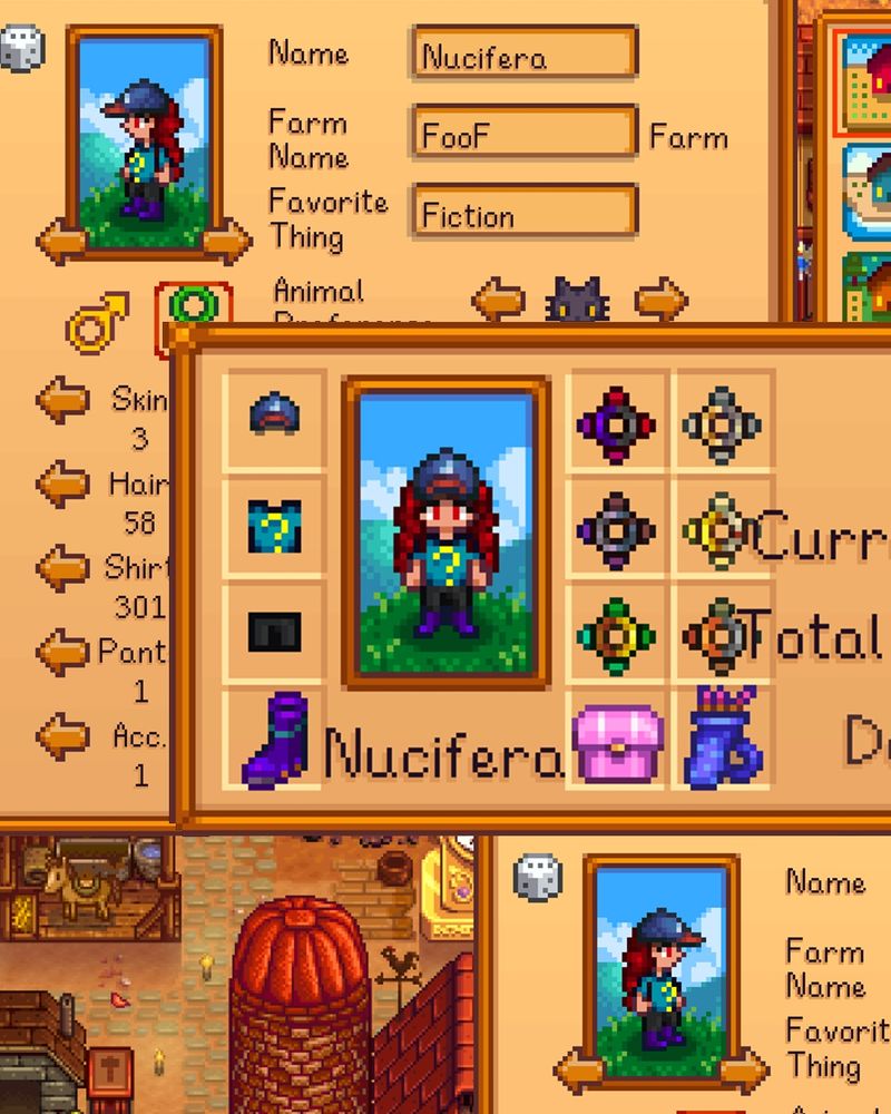 A screenshot from the game Stardew Valley showing the character customization menu with the same character described in the first image.