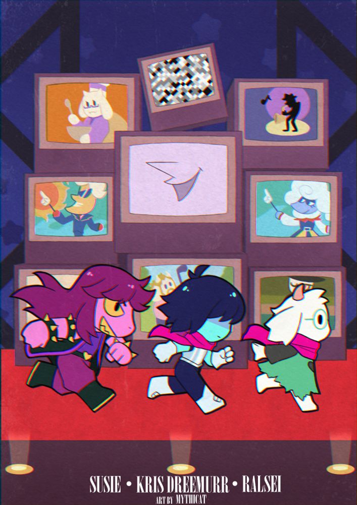 A retro cartoon styled illustration of Kris, Susie, and Ralsei running through TV World.