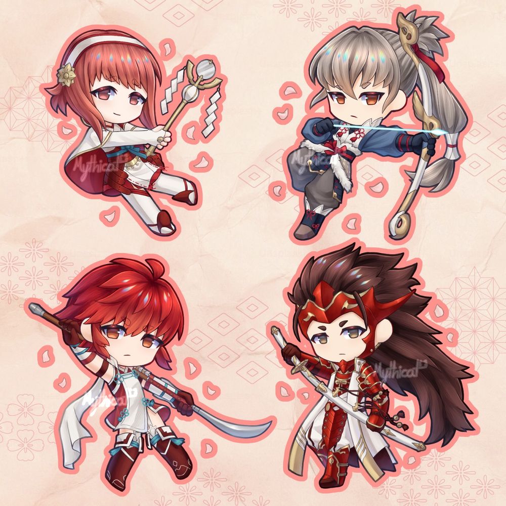 Chibi illustrations of Sakura, Takumi, Hinoka, and Ryoma from fire emblem fates