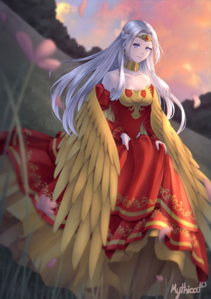 Illustration of valentine's Edelgard standing in a field of flowers during sunrise.