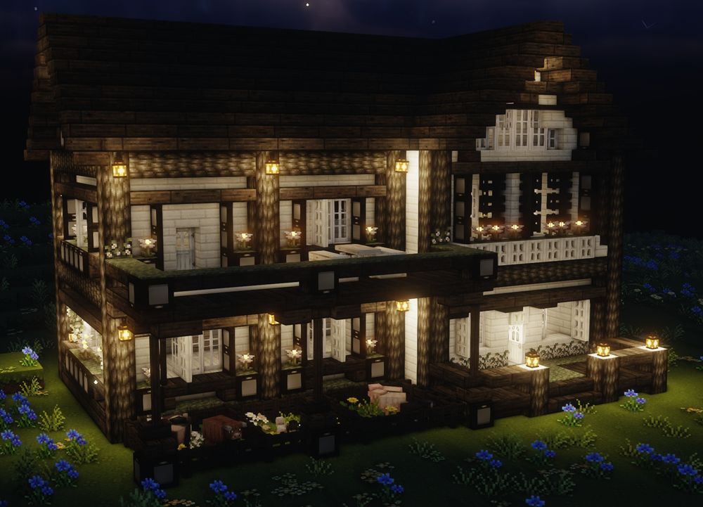 A Minecraft house made of pale oak and dark oak in a meadow at night, open eyeblossoms illuminate the scene. Animals are corralled in pens attached to the house.
