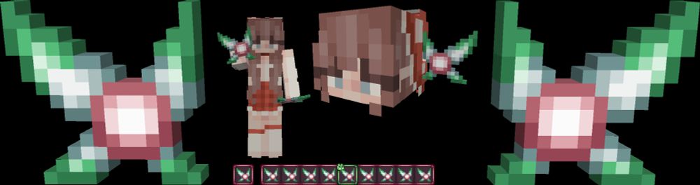 Frogcrafting Fairy Totem resource pack displayed in multiple settings, such as the hotbar, which is using the Frogcrafting Hotbar Resource Pack , held in hand, and worn as a hat. 