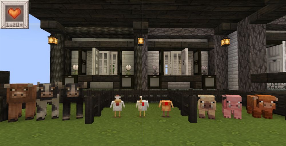 Cows, chickens, and pigs are arranged in pens, showcasing the warm temperate and cold variants. With Modern Mizunos enabled on the left showcasing unique and thematic textures, and Mizuno's 16x on the left with broken models such as headless chickens.