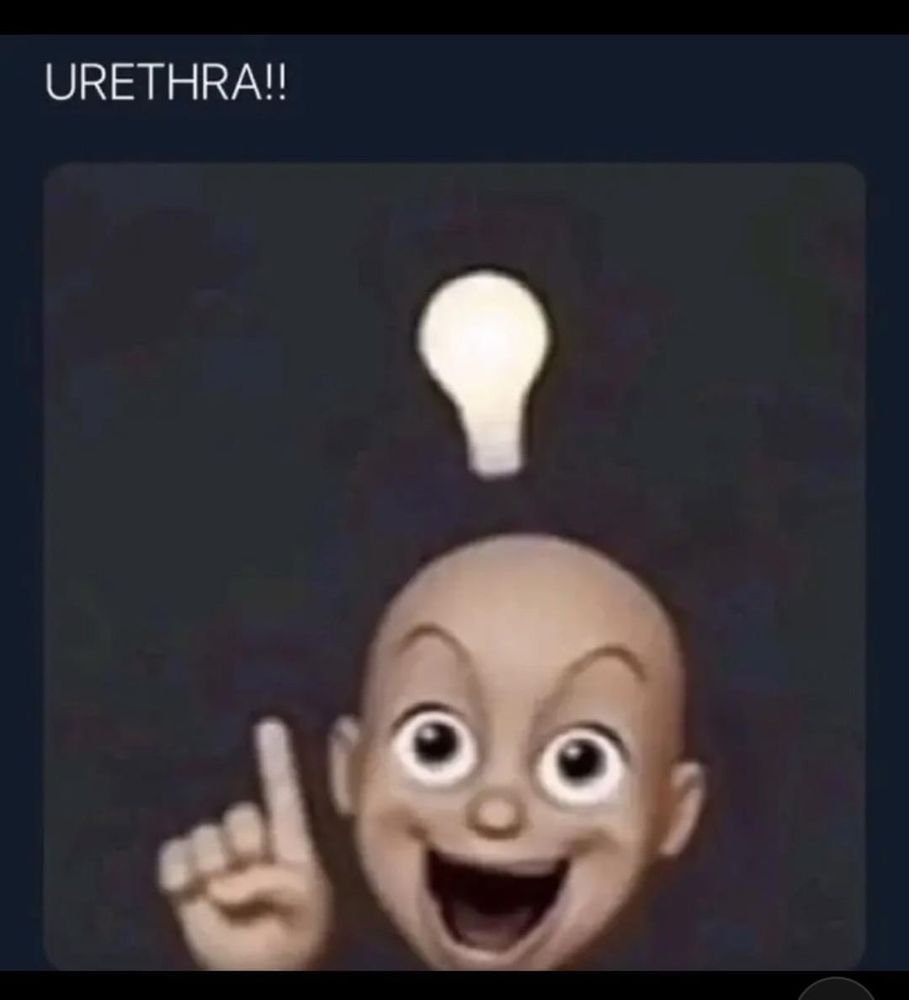 "URETHRA" with a bald cartoon person holding up one finger with a light bulb over their head