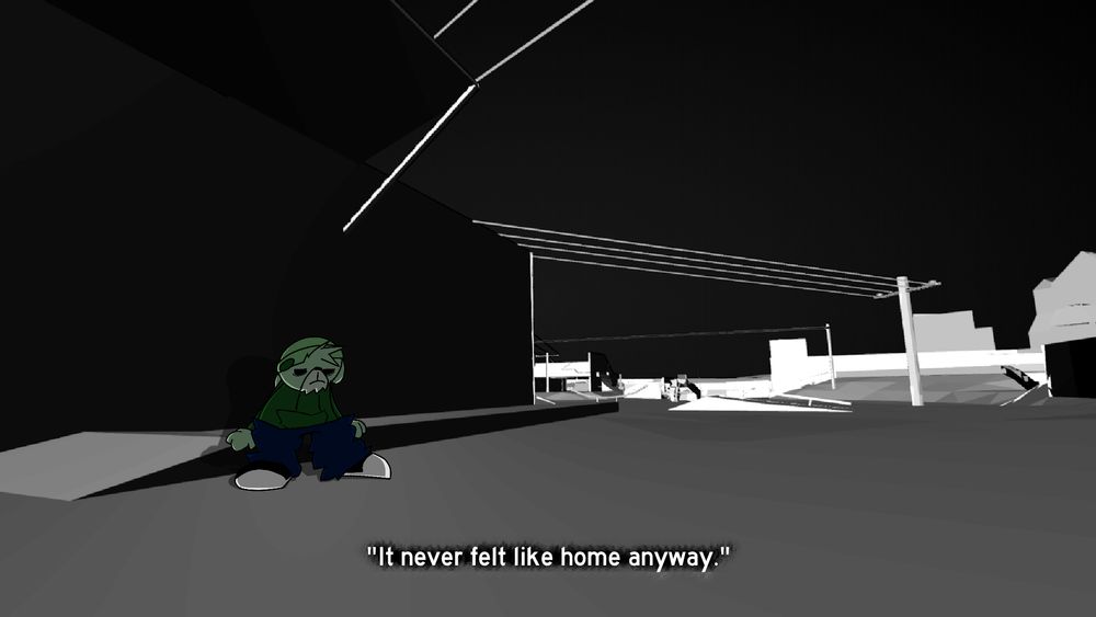 Black and white image of a low-poly, 3D suburbia, with a bear sitting on the sidewalk.