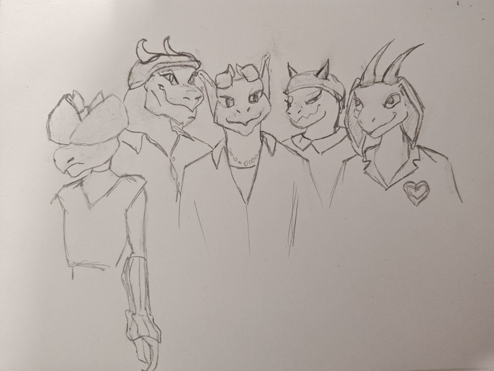 A sketch of five kobolds in various styles a la the Saja Boys of 'Kpop Demon Hunters' - sorry not sorry 😜