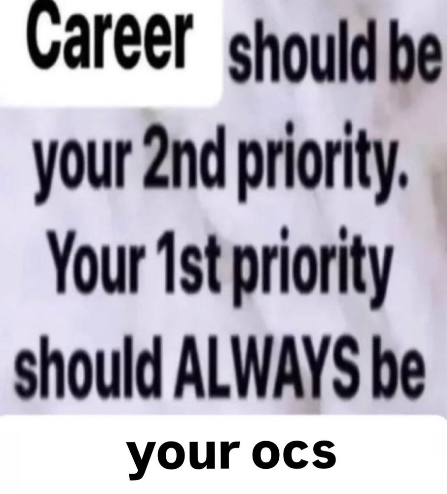 meme that has been edited multiple times that says "career should be your second priority. your first priority should always be your ocs"