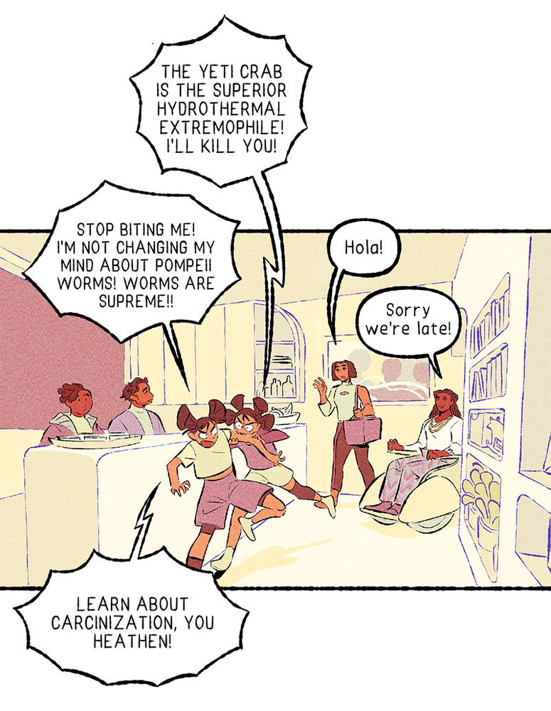 A page excerpt from the comic "strange bedfellows" two tweens argue about extremophile animals. 
