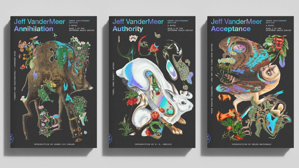 Southern Reach covers with morphed boar, rabbit, and owl, art by Pablo Delcan.