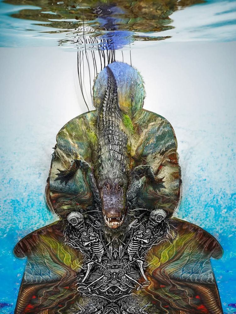 an alligator transposed with a meditative figure whose outline is in moss greens, the whole seemingly reflected by blue water or submerged deep below: scott eagle's art based on my novel absolution.