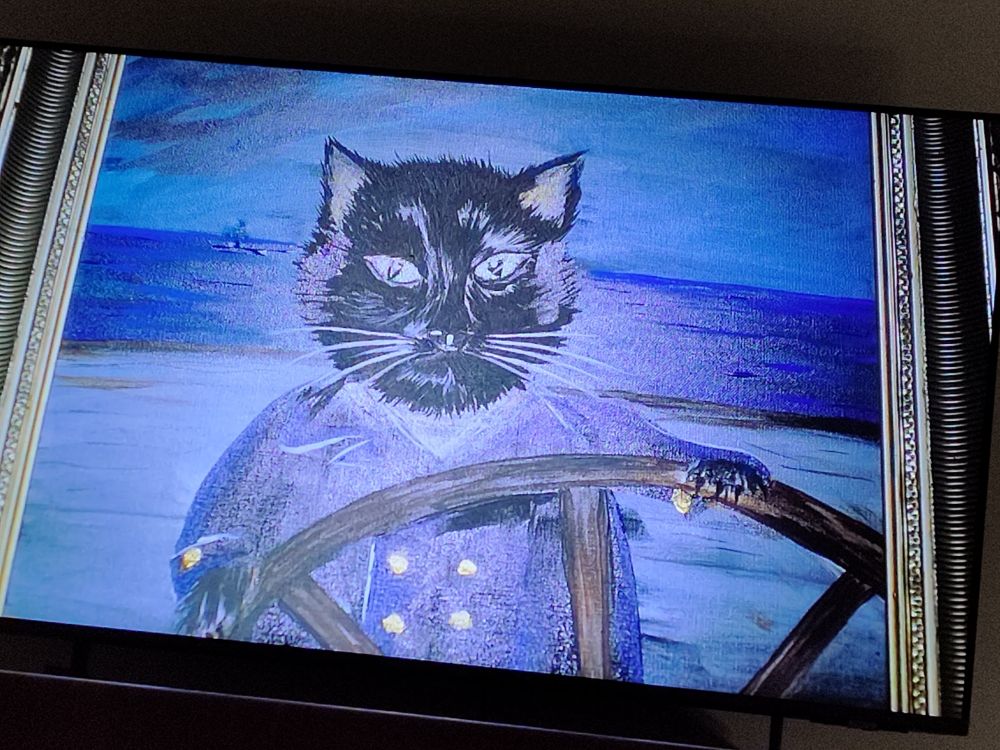 cat as sea captain at the wheel of his ship, in uniform