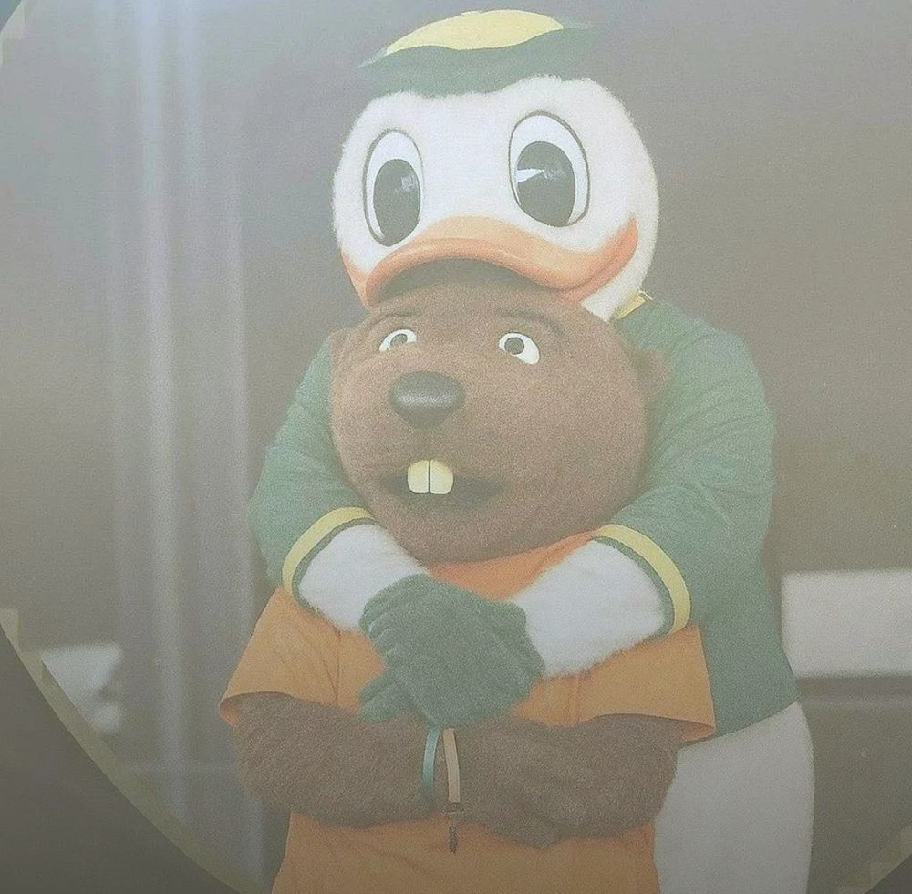 Oregon duck mascot hugging Oregon state mascot (beaver).