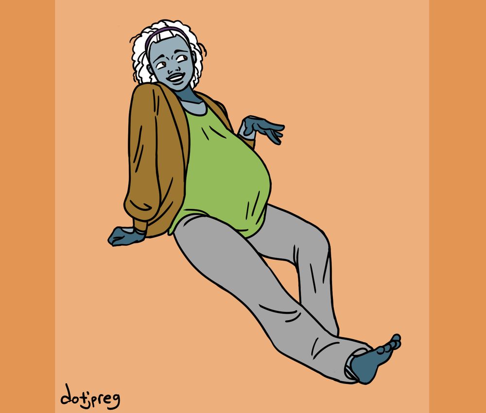 A pregnant android with grey skin and white, curly hair, wearing grey sweatpants, a dark yellow cardigan, and a green tank top.