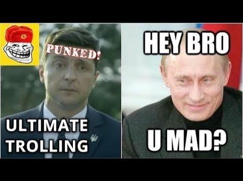 An image of Volodymyr Zelensky with the word "punked" across his forhead next to an image of Vladimir Putin with the words "Hey bro, you mad?" underneath.