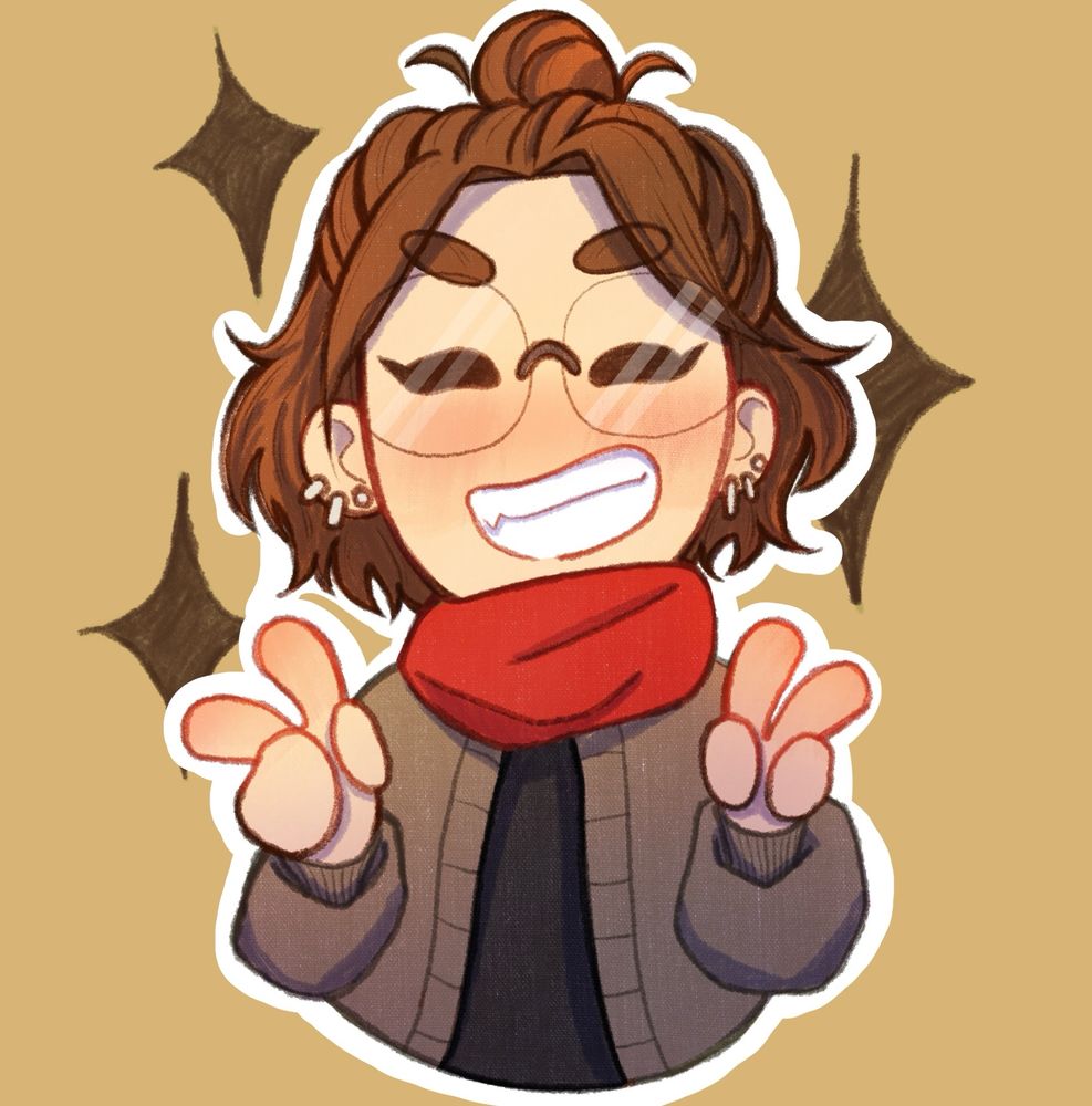 Self portrait !
Character smiling, doing the peace signs with both hands
She is a light brunette, with glasses and a greyish cardigan. The background is light brown with some big brown sparkles ✨