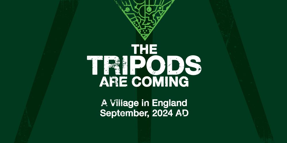 The Tripods are coming. A village in England, September, 2024AD. There is a metallic, intricate gold coloured triangle, a 'Cap' on the background.