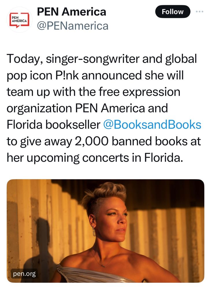 Global Pop Icon P!nk Teams Up with PEN America to Give Away 2,000 Banned  Books at Florida Concerts - PEN America