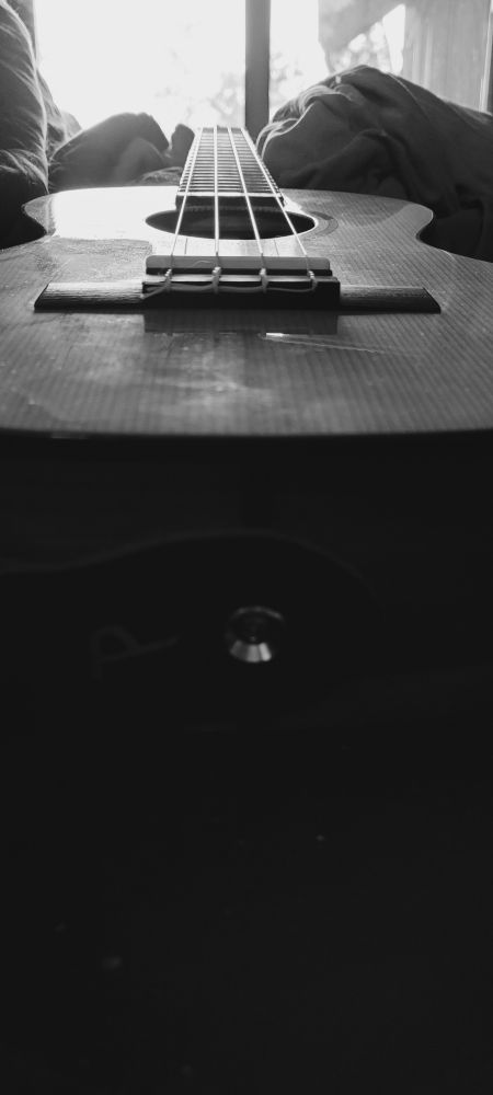 A black and white photo of a ukulele looking straight on its body with the fretboard in the distance.