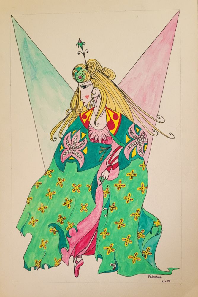 A stylized painting of a woman with blonde hair, wearing a green, patterned cloak over a pink and red dress. One pink and red ballet shoe is visible at the hem of the dress / cloak. One green and one pink spotlight shines on her from the top corners of the painting.