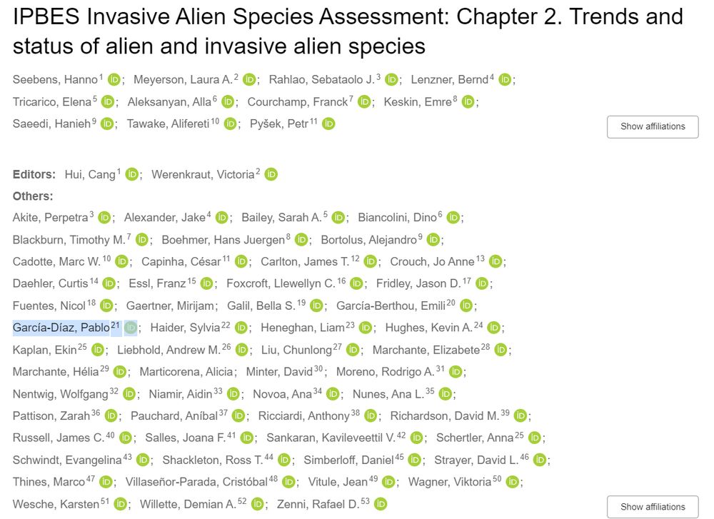 Screenshot of the webpage hosting Chapter 2 of the IPBES report on invasive alien species, including the names of all authors and contributors.