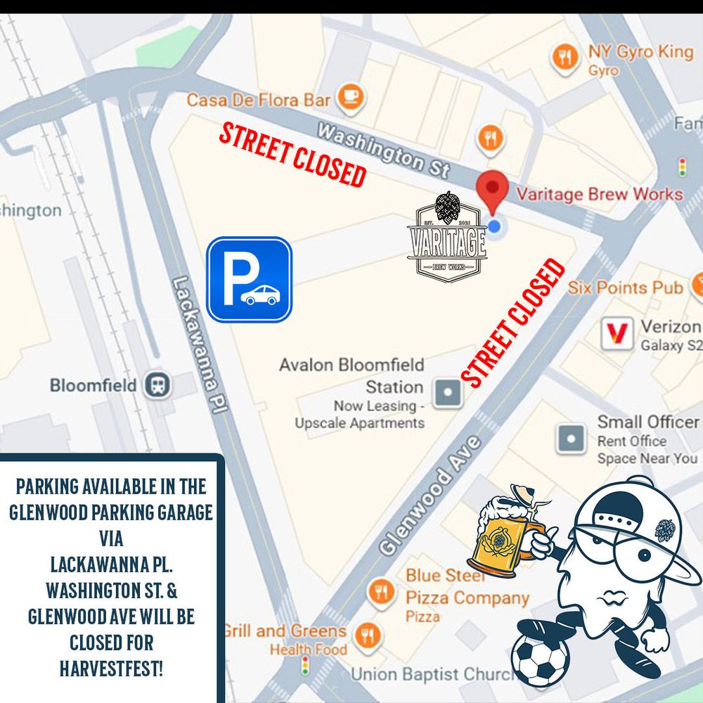 Map showing location of Varitage and Parking Deck. Parking available in the Glenwood Parking Garage via Lackawanna Place. Washington Street and Glenwood Avenue will be closed for Harvest Fest.