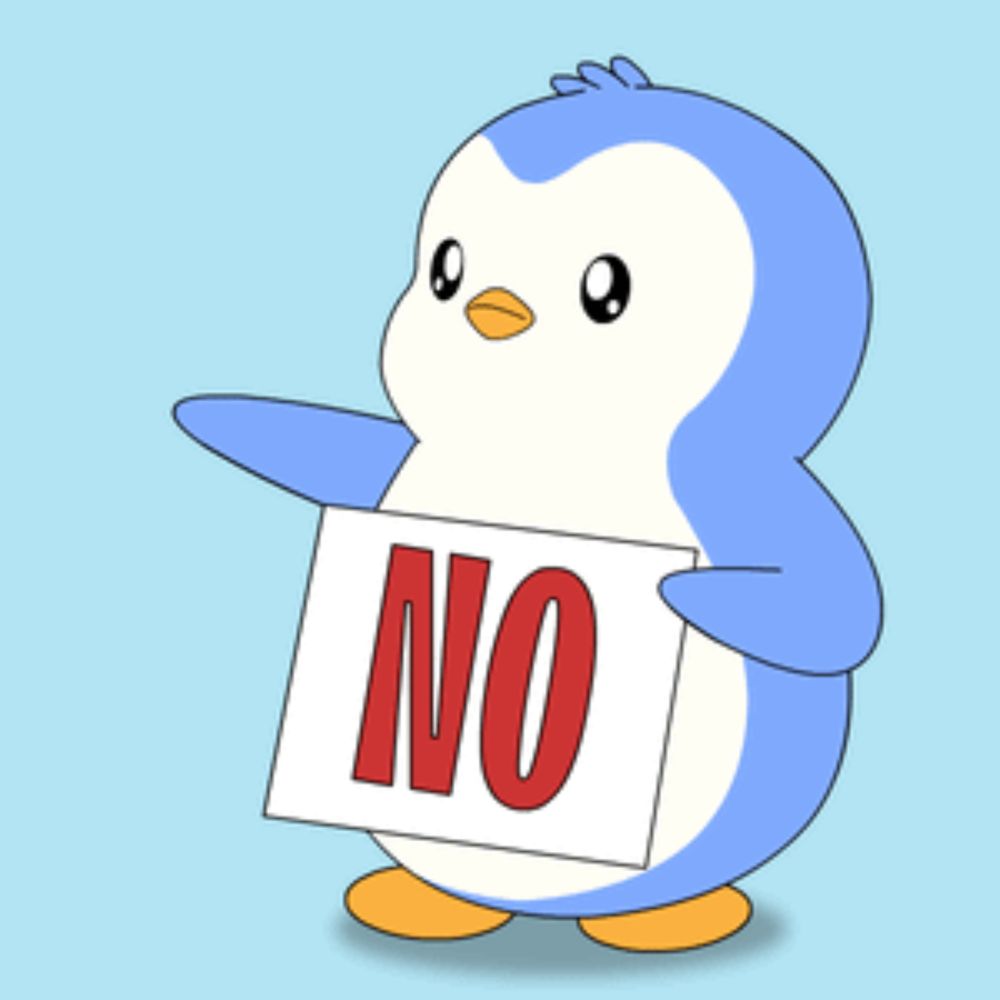 a blue and white penguin holding a sign that says no