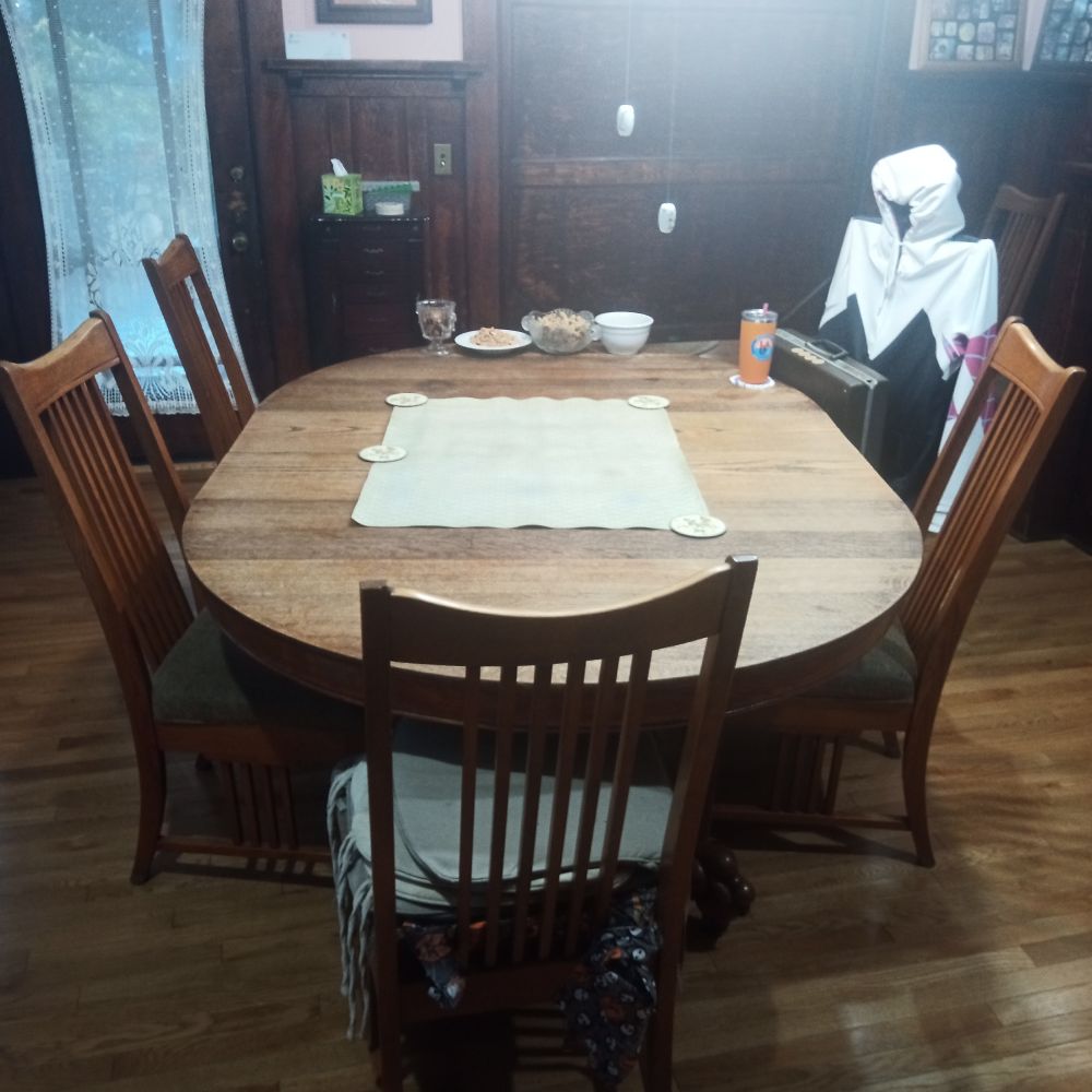 Gaming setup on dining table in my 1908 Craftsman home.