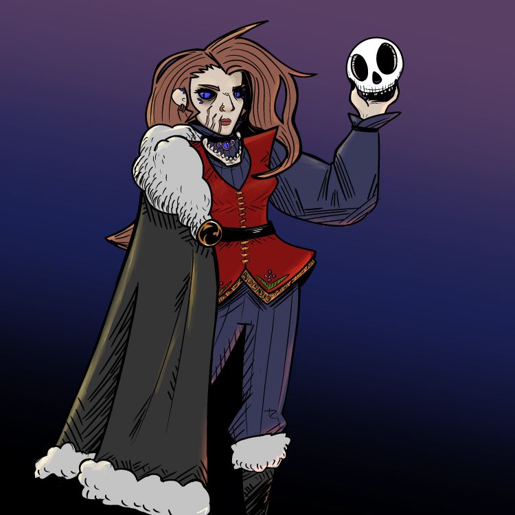 Spooky looking sorcerer in a half-cape holding a skull-orb.
