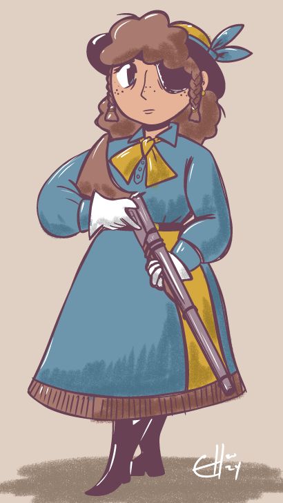 Legally distinct Annie Oakley but smol with an eyepatch and GUN.