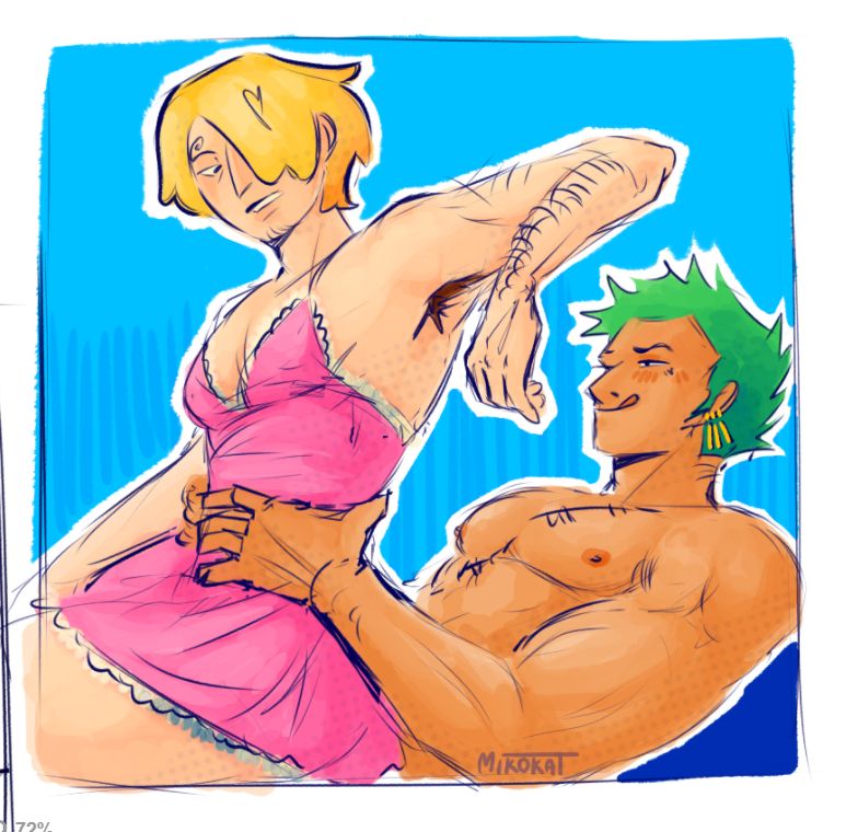 sanji and zoro from one piece. zoro is shirtless (more like naked) laying while sanji is sitting on his lap with his back towards zoro. sanji is wearing a cute little pink dress that looks very good on him honestly, its tight on his chest and sanjis small waist. zoro has his hands on sanjis waist too, hes gripping it tight trying to wrap his hands around it completely i guess. sanji is looking looking over his shoulder at zoro. zoro is licking his lips looking very hungry :) 