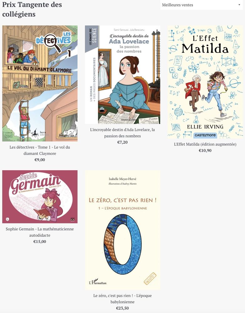 Couvertures des livres de littérature mathématique sélectionnés pour le Prix Tangente des Collèges.