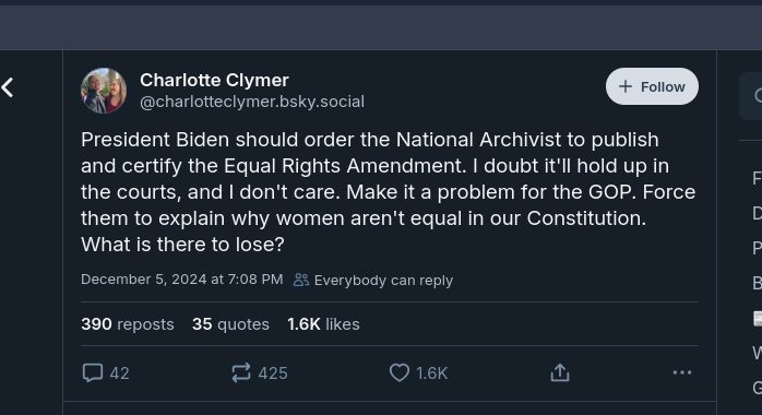 Skeet from Charlotte Clymer   with the same wording as KamallaDream starting "President BIden should order the National Archvist to publish and certify....what is there to lose?..." posted  by Charlotte at 7:08pm, an hour and a half earlier than KamallaDream's.  
