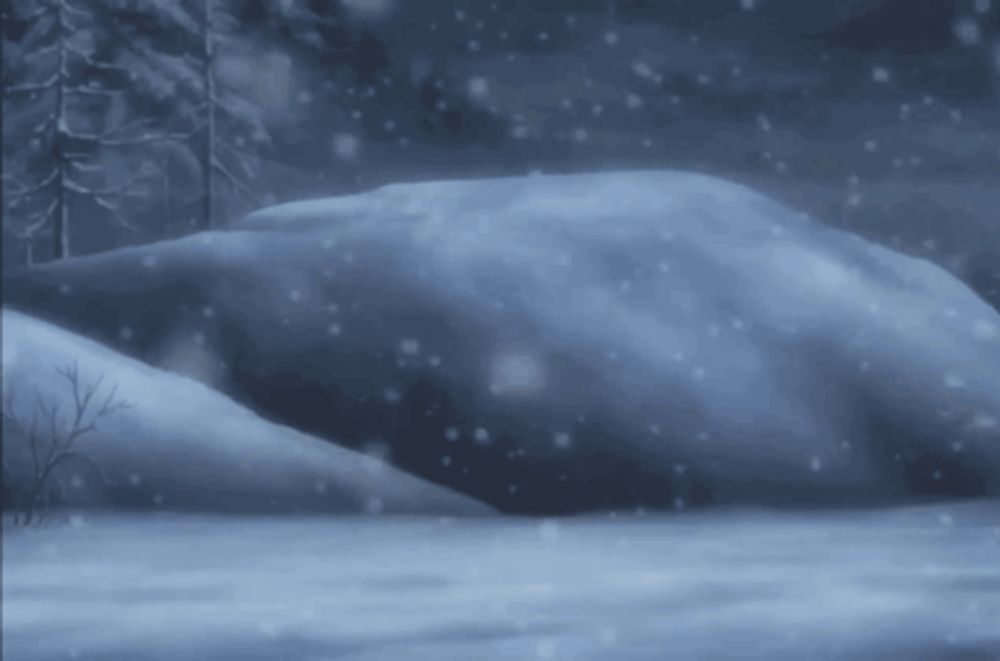 a snowy landscape with trees in the background and snow falling