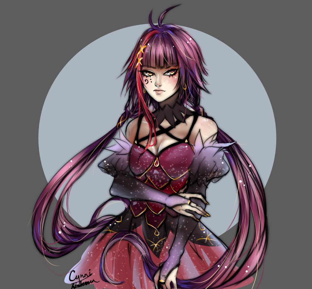 A half body commission for Nix of their OC Yumiko! She's a fair skinned girl, with golden eyes and purplish hair tied in low twintails. She's wearing a cute, mostly red/purple dress and has her right hand gripping her left arm.
