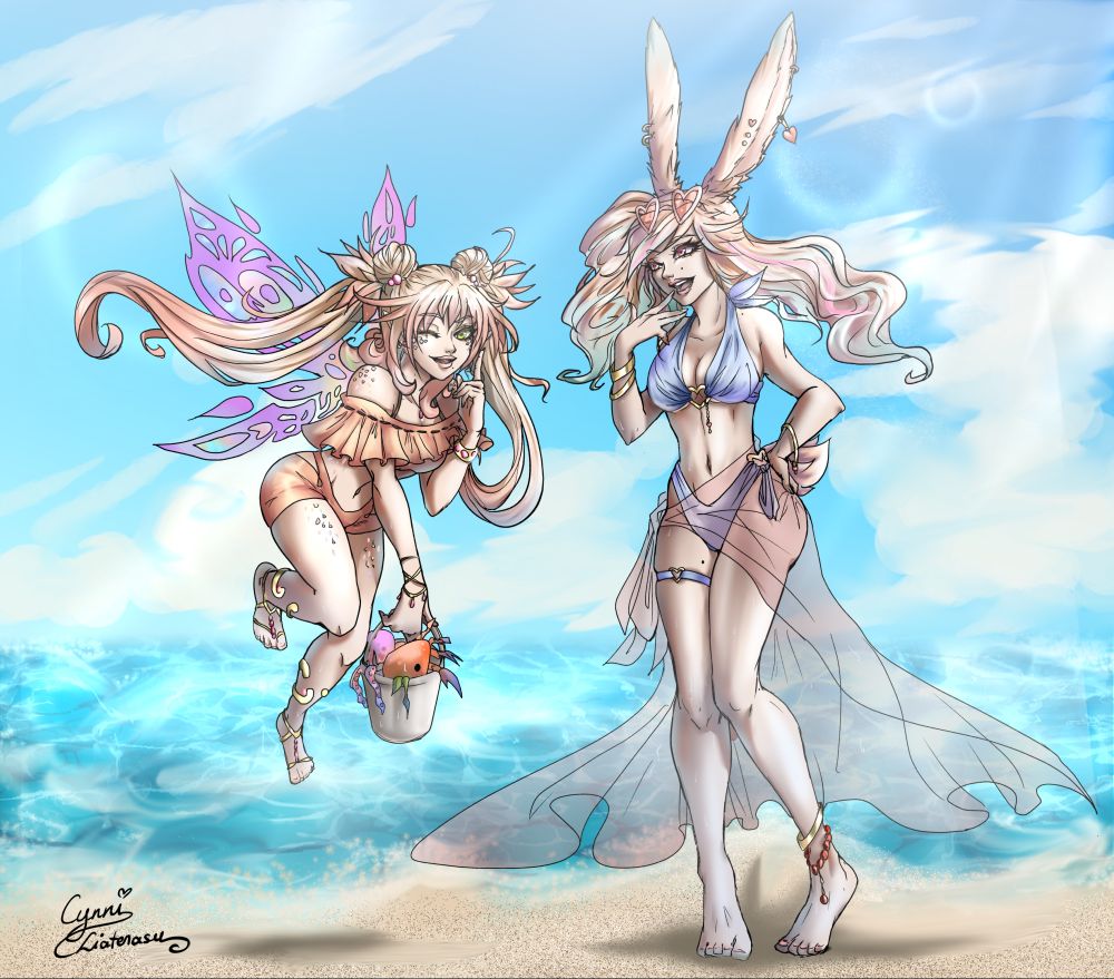 A drawing of my original characters Fleurephine, a fairy and Sonora, a bunny girl, hanging out on the beach! They are wearing stylish and cute swimsuits. Fleurephine is flying in the air while holding a bucket full of sea creatures, while Sonora is looking at her with an amused expression. They will be causing some mischief for sure!