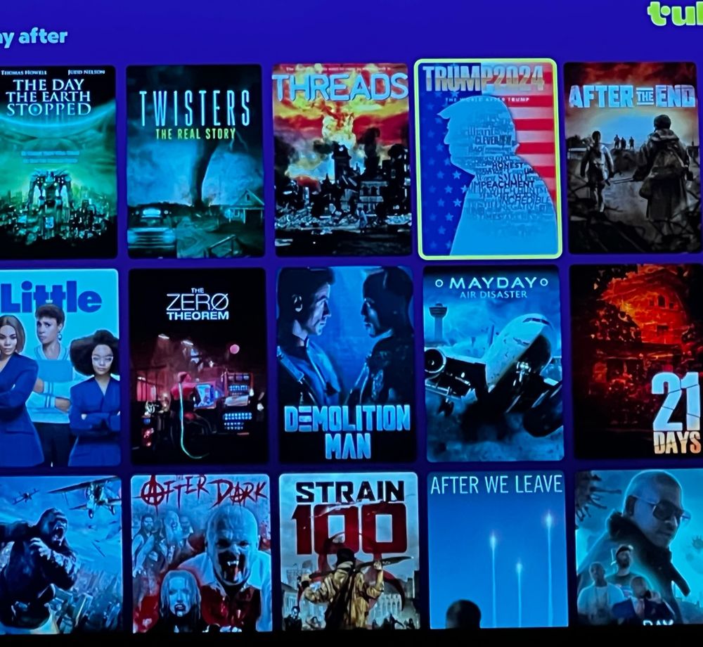 A selection of apocalyptic/disaster movies available on Tubi. Right between Threads and After The End… is a movie called “Trump 2024.”
