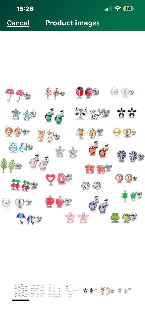 Image of 30 pairs of different stud earrings. Hearts, cherries, raccoons, etc. 