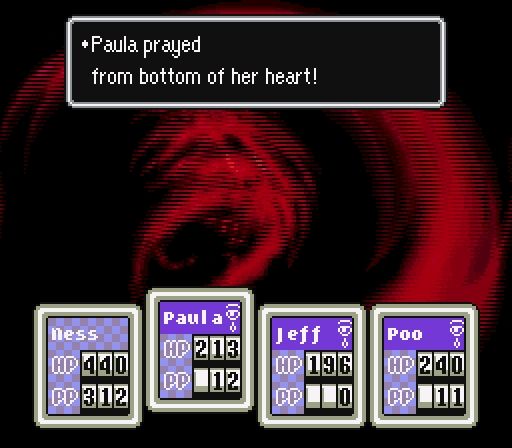 Tela de batalha do último chefe do jogo Earthbound. No fundo existe um tipo de fantasma vermelho e preto numa espiral. Abaixo os status dos personagens principais 