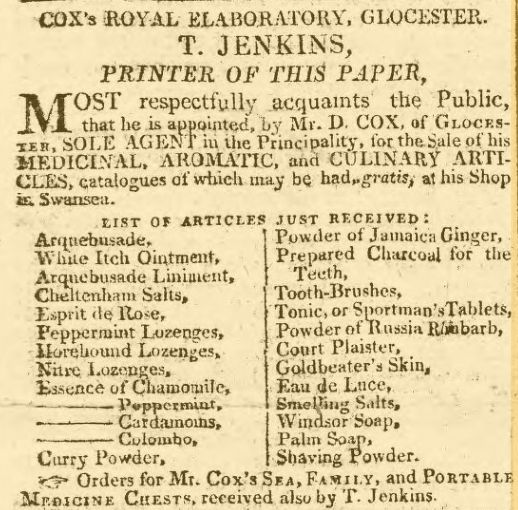 Advert for someone making and selling curry powder in Gloucester. From 'The Cambrian' in 1804