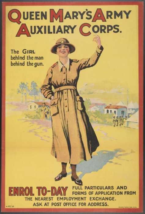 A recruitment poster for the Queen Mary's Army Auxiliary Corps, urging women to enlist. It shows a young woman in a long brown uniform coat and hat standing in an army camp who is beckoning the viewer.