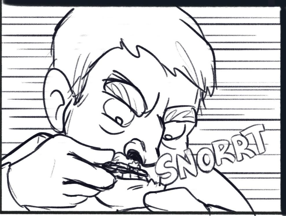 An old man inhaling a mysterious white powder