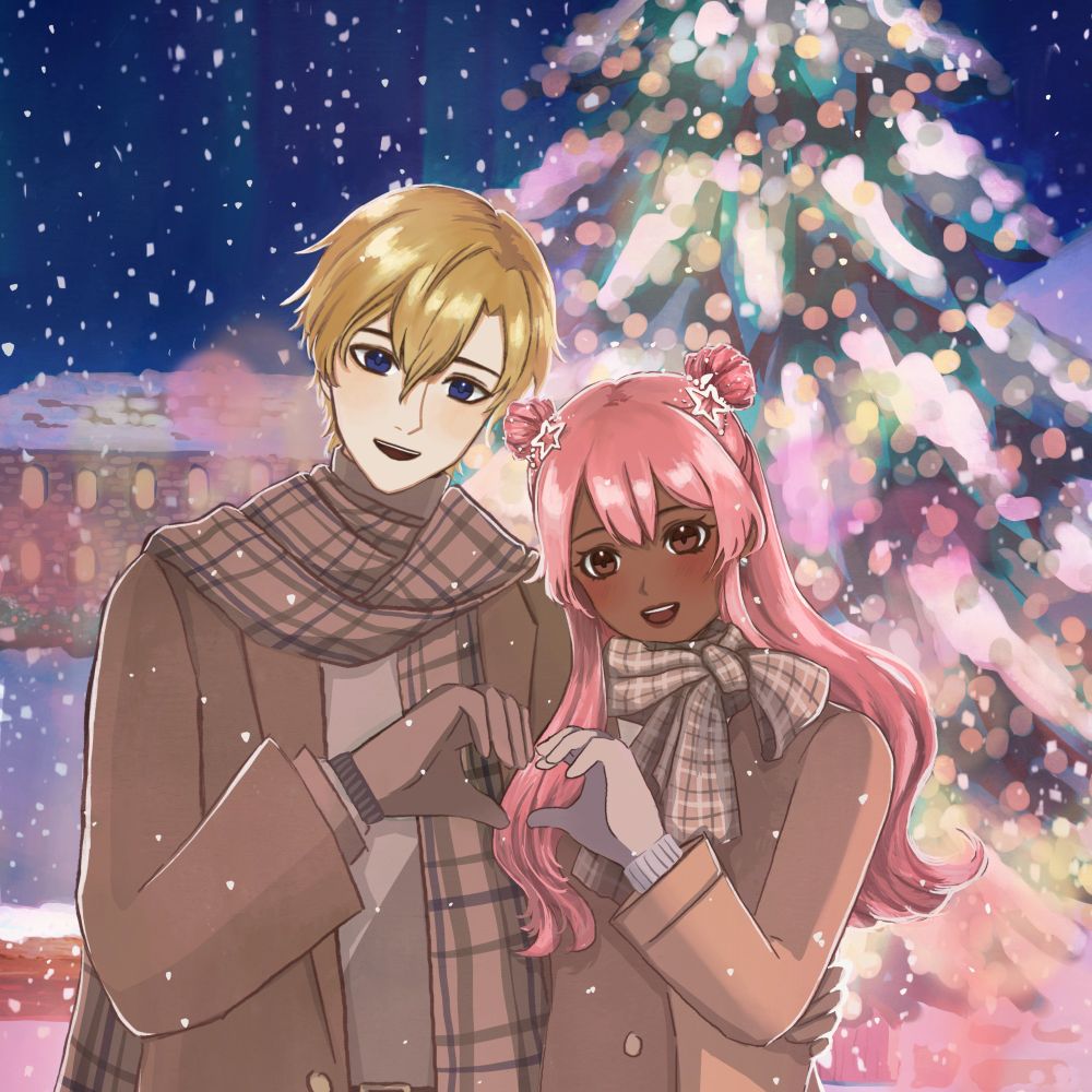 Tamaki and Mari in a winter setting, snow falling, making heart with their hands, wearing matching winter clothes