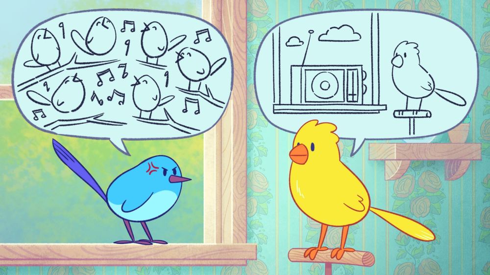 A bird conversation in the demo for the game Bits & Bops, where you need to hit the beat of the rhythm to tweet.