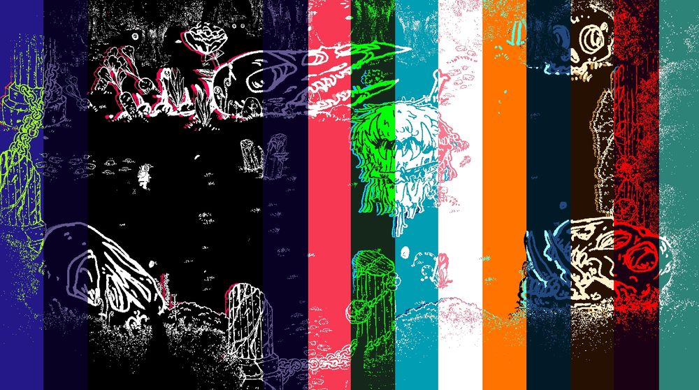 A screenshot from the game Key Fairy, broken up into vertical bands of different colour palettesm