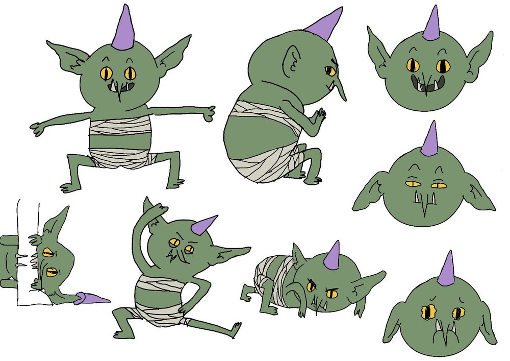 ficha de personaje de un goblin haciendo diferentes poses y expresiones acorde con su personalidad atolondrada