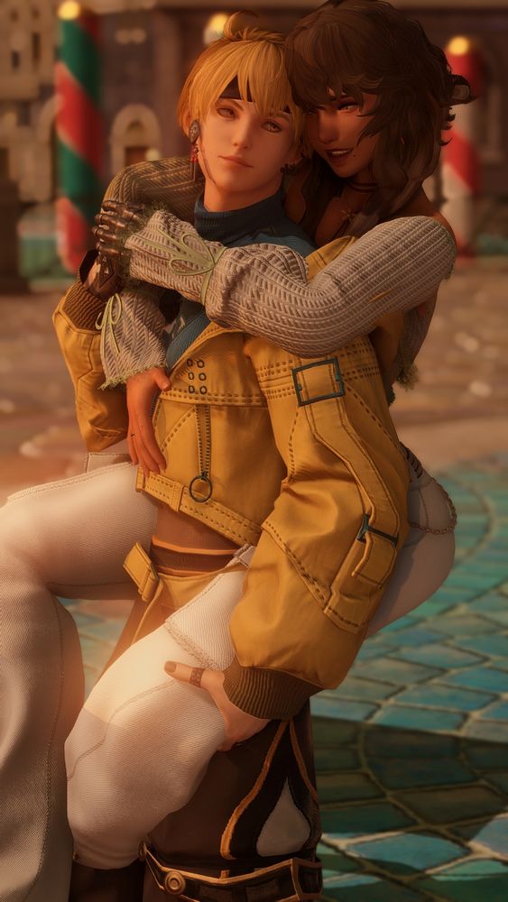 Ramza still stand, but his weapons, Orpheus, turns into her human form. Clinging onto him, legs wrapped around his waist as her arms are wrapped around his shoulders. Orpheus bumps her head into his with a large grin on her face. Ramza holdings her up by placing a hand against one of her thighs as his other one also holds one of her arms.