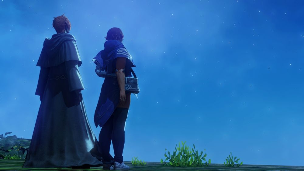 Underneath a starry night sky stands two figures. Erichthonios, Warder of the Pandaemonium, and Nyx, the Warrior of Light. They both look up at the stars togethers, but there is tension between them. Erichthonios stands there with both hands down at his sides, leaving himself open. Meanwhile Nyx seems more on edge, her shoulders (though a bit hard to see) were more tensed. Holding her arm behind her back.