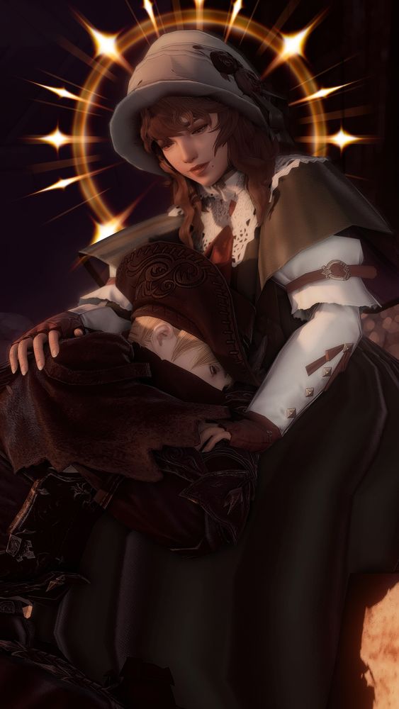 It's a gpose of two Hyur Midlanders. The woman, Orpheus Royce, is dressed up as Doll from Bloodborne. She is sitting and leaning forward as she cradles the man, Ramza Beoulve. Ramza is dressed up as the Hunter from Bloodborne. He is laying in Orpheus's lap.